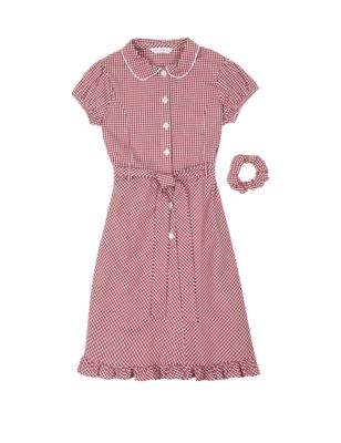 Girls&#39; Pure Cotton Non-Iron Summer Gingham Check Dress with Hairband